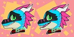 ambiguous_gender anthro black_body black_scales blue_body blue_scales collar feather_hair feathers green_eyes markings open_mouth pink_body pink_feathers pink_markings pseudo_hair scales solo talky_icon wicked_whiskers zgf_art rexstrider kobold scalie 2025 2:1 male_(lore)