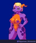 abs anthro big_breasts blonde_hair breasts claws female genitals hair horn muscular muscular_female navel nipples purple_body purple_scales pussy scales smile smiling_at_viewer solo standing spicydurassno cherryblossomgames mythology kristina_bellflower_(cbg) dragon mythological_creature mythological_scalie scalie digital_media_(artwork) pixel_(artwork)