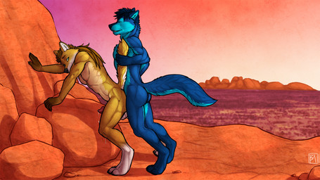 against_surface against_wall anal anal_penetration animal_genitalia animal_penis anthro australia balls biceps black_nose blue_body blue_fur blue_hair blue_nose bodily_fluids brown_body brown_fur brown_hair canine_genitalia canine_penis claws cum cum_drip cum_in_ass cum_inside cum_on_penis cum_string desert dripping duo erection eyes_closed from_behind_position fur genital_fluids genitals green_eyes grin hair knot leaking leaning leaning_forward looking_back male male/male male_penetrated male_penetrating male_penetrating_male mullet muscular nude orgasm outside pawpads paws pecs penetration penis precum sex smile standing tail tail_grab tail_pull tan_body tan_fur teeth toe_claws white_body white_fur tsaiwolf bundadingy djwolf canid canine canis dingo mammal wolf 16:9 2013 hi_res widescreen