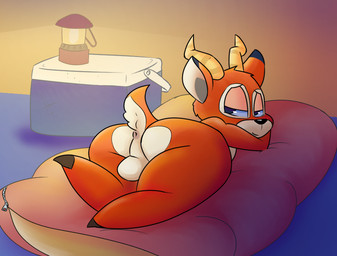 anthro anus backsack balls big_butt biped black_nose blue_eyes brown_body brown_fur butt cooler feet fluffy fluffy_tail fur genitals half-closed_eyes hooves horn lamp lantern looking_at_viewer looking_back lying male narrowed_eyes nude orange_body orange_fur perineum short_tail sleeping_bag smile solo tail tent thick_thighs white_balls white_body white_fur white_perineum wide_hips zipper iguanasarecool animal_crossing nintendo beau_(animal_crossing) antelope bovid mammal