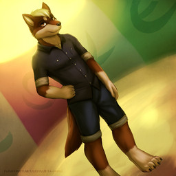2013 4_toes abstract_background barefoot black_nose body brown_eyes brown_fur canine claws clothing cute front full fur hair hand_on_hip looking_at_viewer male mammal markings pants paws pose red_wolf shirt shorts smile socks_(marking) solo standing warm_colors white_hair wolf zeta-haru
Rating: Safe
Score: 22
User: zedamaru
Date: July 19, 2013