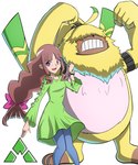 anthro brown_hair duo female fluffy_chest fur hair hair_over_eyes long_ears long_hair male ponytail_ears yellow_body yellow_fur laser_(pixiv) bandai_namco digimon digimon_ghost_game angoramon_(ghost_game) ruri_tsukiyono angoramon digimon_(species) human lagomorph leporid mammal rabbit hi_res