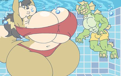 anthro big_breasts bikini bikini_bottom bikini_top black_hair breasts bubble bulge clothing curvy_figure duo female fin fur green_body hair huge_breasts huge_thighs hyper hyper_breasts lips male multicolored_body multicolored_fur muscular muscular_anthro muscular_male navel swimming_pool swimming_trunks swimwear tan_body tan_fur thick_thighs two-piece_swimsuit two_tone_body two_tone_fur underwater voluptuous_anthro voluptuous_female water wide_hips virus-20 june_coyote aquatic canid canine canis coyote fish mammal 2022 digital_media_(artwork)