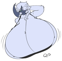 anthro big_breasts blue_body blush blush_lines breast_tuft breasts cleavage cleavage_overflow clothed clothing embarrassed female fluffy forehead_gem fur gem green_eyes hair hands_behind_head huge_breasts hyper hyper_breasts multicolored_body pokemorph shake_lines solo tuft white_body white_fur white_hair a_questionable_profile aquestionableprofile nintendo pokemon tia_(lunarspy) absol generation_3_pokemon pokemon_(species) 2025 absurd_res bust_portrait digital_drawing_(artwork) digital_media_(artwork) hi_res portrait