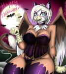 alexandra_railen anthro avian bat beak breasts cleavage clothed clothing collar costume fake_cat_ears fake_ears female gryphon halloween happy_halloween hi_res holidays looking_at_viewer mammal moon mythological_avian mythological_creature mythology night pubes solo tallyburd thick_thighs wings