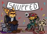 angry anthro banner bow_tie chair clothed clothing confetti_streamer ear_piercing eyewear eyewear_on_head frown fur furniture goggles goggles_on_head green_eyes group hair headgear machine male piercing sitting stripes suit yellow_body criminalsquid double_fine_productions psychonauts ratchet_and_clank sony_corporation sony_interactive_entertainment clank_(ratchet_and_clank) ratchet_(ratchet_and_clank) razputin_aquato human lombax mammal robot crossover digital_media_(artwork) hi_res