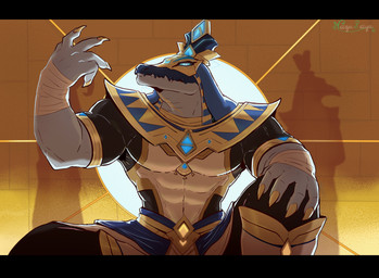 anthro bandage black_bars blue_eyes clothing egyptian egyptian_architecture egyptian_clothing egyptian_headdress grey_body grey_scales looking_at_viewer looking_down male mask muscular muscular_anthro nails raised_arm rim_light scales sitting snout solo naga_rajaf egyptian_mythology genshin_impact middle_eastern_mythology mihoyo mythology sobek_(genshin_impact) crocodile crocodilian reptile scalie 2026 absurd_res colored digital_media_(artwork) hi_res letterbox shaded signature