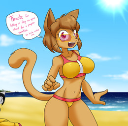 anthro beach big_breasts bikini black_hair breasts brown_body brown_fur brown_hair clothing dialogue duo eyewear female fur grey_body grey_fur hair looking_at_viewer red_eyes solo_focus speech_bubble sunglasses swimwear tail text two-piece_swimsuit water wearing_sunglasses whiskers sandwich-anomaly gameoverse glitch_productions kit_bodega vanessa_(sandwich-anomaly) domestic_cat felid feline felis mammal 2026 english_text hi_res