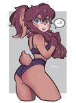 anthro athletic_wear blue_eyes blush bodily_fluids bottomwear bra brown_body brown_fur brown_hair butt butt_pose clothing female floppy_ears fur gym_bottomwear gym_shorts hair high_waisted_bottomwear highleg highleg_bottomwear lop_ears multicolored_body multicolored_fur multicolored_hair neck_tuft pink_nose pose scut_tail short_tail shorts solo sports_bra standing surprised_expression sweat tail tail_tuft tan_body tan_fur tan_hair thick_thighs tuft two_tone_body two_tone_fur two_tone_hair underwear amazu star_wars star_wars_visions lop_(star_wars_visions) domestic_rabbit lagomorph lepi leporid lop_rabbit mammal oryctolagus rabbit hi_res