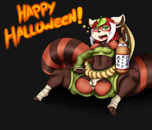 alcohol anthro beverage blush breasts bulge clothed clothing costume drunk fur gynomorph hair holidays intersex looking_at_viewer multicolored_body multicolored_fur open_mouth simple_background solo spreading substance_intoxication text masamaki halloween alana ailurid canid canine mammal raccoon_dog red_panda tanuki 2016 hi_res