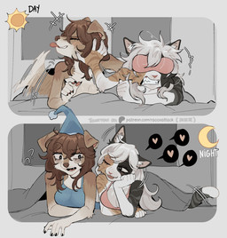 anthro bed biped blush breasts claws clothed clothed_anthro clothed_female clothing crescent_moon duo eye_mask female female/female fingers front_view fur furniture hair inside lying moon on_front smile sun tail teeth tongue raccoattack calico_cat canid canine canis domestic_cat domestic_dog felid feline felis mammal 2026 digital_drawing_(artwork) digital_media_(artwork) hi_res