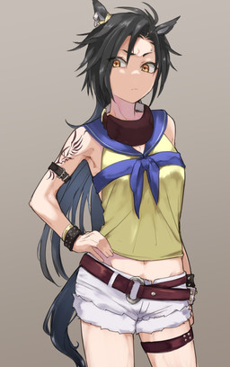 amber_eyes arm_tattoo belt_accessory black_hair black_tail bottomwear clothing eyebrow_piercing facial_piercing female grey_background hair hand_on_hip hotpants navel piercing shorts simple_background solo standing tail tattoo white_bottomwear white_clothing white_hotpants white_shorts tsurugi_muda cygames uma_musume_pretty_derby air_shakur_(pretty_derby) animal_humanoid equid equid_humanoid equine equine_humanoid horse_humanoid humanoid mammal mammal_humanoid 2021 hi_res