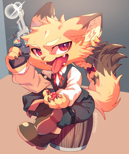 accessory anthro barrel boots bottomwear bow_(feature) bow_accessory bow_ribbon brown_body brown_fur cheek_tuft chibi clothed clothing collared_shirt dipstick_ears dipstick_tail dress_shirt ear_markings ear_piercing ear_ring facial_tuft fangs female fluffy fluffy_tail footwear fully_clothed fur gun hair hair_accessory hair_bow hair_ribbon handgun head_tuft holding_gun holding_object holding_ranged_weapon holding_weapon kemono looking_at_viewer markings multicolored_body multicolored_ears multicolored_fur multicolored_tail open_mouth pants pawpads piercing pink_pawpads ponytail pupils ranged_weapon red_eyes revolver ribbons ring_piercing shirt shoes simple_background sitting slit_pupils solo tail tail_markings teeth tongue tongue_out topwear tuft two_tone_body two_tone_fur weapon western whiskers wild_west yellow_body yellow_fur achakura domestic_cat felid feline felis mammal absurd_res hi_res signature