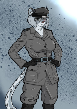 anthro clothing coat female gloves hands_on_hips handwear hat headgear headwear leather leather_clothing leather_gloves leather_handwear looking_at_viewer military_cap military_uniform scar serious solo topwear trenchcoat uniform wounded aptertheraptor felid mammal pantherine snow_leopard absurd_res hi_res