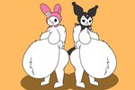 anthro arms_behind belly belly_fur big_belly bloated breasts clothing duo female fluffy fur hands_behind_back happy hat headgear headwear navel navel_outline obese obese_anthro obese_female overweight overweight_anthro overweight_female satisfied satisfied_look tail mandro22 onegai_my_melody sanrio kuromi my_melody demon hare imp lagomorph leporid mammal rabbit absurd_res hi_res