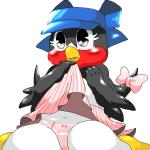 anthro beak biped black_body black_eyes black_feathers blush bodily_fluids bottomwear clothed clothing clothing_lift feathers female hat headgear headwear kemono kneeling mascot navel open_mouth panties ribbons simple_background sitting skirt skirt_lift solo tears tongue underwear upskirt white_background white_body white_feathers chikuwabu nippon_professional_baseball tokyo_yakult_swallows tsubami avian bird hirundinid oscine pacific_swallow passerine swallow_(bird) 1:1