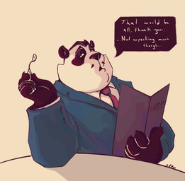 accessory anthro black_hair black_markings blue_clothing blue_topwear clothed clothing eyewear fur glasses hair holding_eyewear holding_glasses holding_object male markings necktie obese obese_anthro obese_male open_mouth overweight overweight_anthro overweight_male red_necktie short_hair simple_background solo speech_bubble text topwear white_body white_clothing white_fur white_topwear chocolateandmilk bear giant_panda mammal 2021 dated english_text hi_res signature
