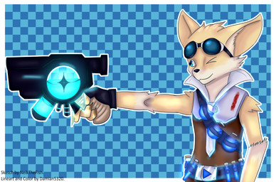 anthro belt black_nose blue_eyes claws clothing explosives eyewear fur gloves goggles grenade gun handwear holding_gun holding_object holding_ranged_weapon holding_weapon ranged_weapon simple_background vial weapon yellow_body yellow_fur damian5320 neikthefish hi-rez_studios paladins_(game) pip_(paladins) canid canine fennec_fox fox mammal true_fox absurd_res artist_collaboration hi_res