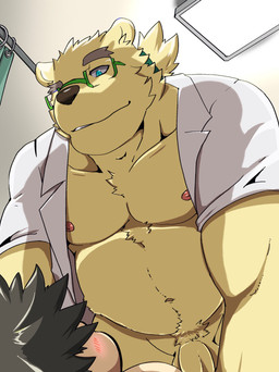 anthro balls belly blush clothing coat duo eyewear first_person_view flaccid fur genitals glasses hair lab_coat male male/male mature_male musclegut muscular nipples overweight pecs penis pinning_down ponytail topwear white_body white_fur ilan1985 lifewonders tokyo_afterschool_summoners leib_(tas) bear human mammal polar_bear ursine hi_res