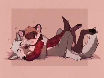 anthro black_nose brown_body brown_eyes brown_fur brown_tail checkered checkered_clothing checkered_topwear cheek_tuft clothing dipstick_ears duo ear_markings facial_markings facial_tuft fluffy fluffy_body fluffy_tail fur grey_body grey_ears grey_fur hair head_markings heart_symbol hood hug hugging_another inner_ear_fluff leg_markings lying male male/male markings mask_(marking) multicolored_body multicolored_ears nude one_eye_closed pattern_clothing pattern_topwear pawpads pink_nose shadow simple_background snout socks_(marking) tail tan_body tan_fur tan_snout topwear tuft two_tone_body shak3it0ff fenrir_the_ferret verfolov_(ondatail) canid canine canis domestic_ferret mammal mustelid musteline true_musteline weasel wolf 2025 digital_drawing_(artwork) digital_media_(artwork)
