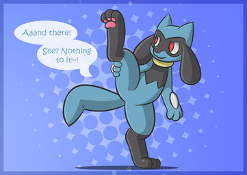 ambiguous_gender anthro dialogue featureless_crotch nude pawpads paws pose presenting raised_leg solo speech_bubble tail teasing text thighs_up silvrsterlng nintendo pokemon generation_4_pokemon pokemon_(species) riolu english_text