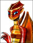 anthro big_ears black_border blue_eyes border claws female flat_chested happy long_neck looking_at_viewer membrane_(anatomy) membranous_wings pupils red_body red_skin scales simple_background slim slit_pupils smile solo wings wolfkuro mythology dragon mythological_creature mythological_scalie scalie ophelia_(disambiguation) hi_res