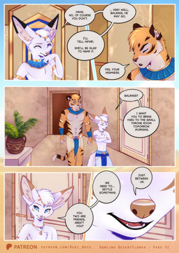 anthro blue_eyes dialogue dipstick_ears ear_markings fur male markings multicolored_ears speech_bubble striped_body stripes text white_body white_fur rukifox balrass_(rukifox) hisal_(rukifox) louis_(rukifox) canid canine felid fennec_fox fox mammal pantherine tiger true_fox comic english_text hi_res
