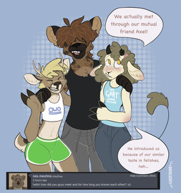 anthro black_nose blonde_hair blue_clothing blue_topwear bottomwear brown_body brown_fur brown_hair chest_tuft clothed clothing dotted_background eyes_closed facial_spots front_view fur green_bottomwear green_clothing grey_bottomwear grey_clothing grey_pants grin group hair male navel no_pupils pants pattern_background scut_tail short_hair short_tail simple_background smile spotted_face standing tail tail_tuft tan_body tan_fur text topwear trio tuft white_clothing white_topwear yellow_eyes bucklucky axel_(bucklucky) billie_(bucklucky) lucky_(bucklucky) bovid caprine deer goat hyena mammal new_world_deer white-tailed_deer english_text hi_res trans_(lore) trans_man_(lore)