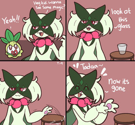 ambiguous_gender anthro brown_background container cup dialogue drinking_glass duo eyes_closed fur furniture glass glass_container glass_cup glistening glistening_eyes green_body green_fur happy humor mischievous open_mouth open_smile plant pushing red_eyes simple_background smile table text todok9 nintendo pokemon elemental_creature felid feline flora_fauna generation_5_pokemon generation_9_pokemon mammal meowscarada petilil pokemon_(species) 4koma comic english_text hi_res