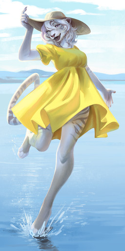 anthro biped breasts claws clothed clothed_anthro clothed_female clothing cloud day feet female fingers front_view fur hair hat headgear headwear looking_at_viewer outside sky solo standing stripes tail teeth toes tongue water dannoitanart yunna_(monstercheetah) felid mammal pantherine tiger 2026 absurd_res digital_drawing_(artwork) digital_media_(artwork) hi_res