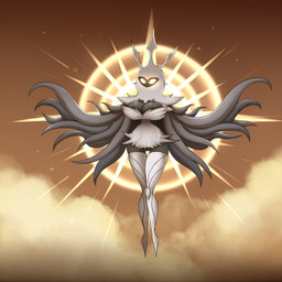 anthro bottomless breasts cleavage clothed clothing dark_body dark_skin empty_eyes female fur genitals glowing glowing_eyes non-mammal_breasts sky skyscape solo vulva white_body white_fur wide_hips elfdrago hollow_knight_(franchise) team_cherry radiance_(hollow_knight) arthropod insect lepidopteran moth 1:1 2020 digital_media_(artwork) hi_res