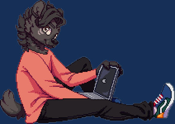 anthro bent_legs bottomwear clothed clothing computer denim denim_bottomwear denim_clothing electronics footwear jeans laptop looking_at_viewer male pants shoes sitting smile solo doutarina_(artist) apple_inc. abilify_(character) hyena mammal spotted_hyena alpha_channel digital_media_(artwork) pixel_(artwork)
