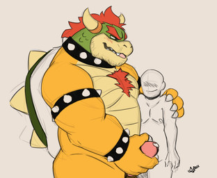 2_horns 4_fingers anthro arm_around_shoulders armband barazoku biped blush bodily_fluids body_hair bracelet chest_hair claws collar duo embarrassed erection eyebrows eyeless fingers genital_fluids genitals glans green_body green_scales hair holding_own_penis holding_penis horn humanoid_genitalia humanoid_penis jewelry male male/male musclegut muscular muscular_anthro muscular_male narrowed_eyes nipples noseless nude nude_anthro nude_human nude_male open_mouth penis precum precum_on_penis red_hair scales shell shoulder_grab simple_background size_difference slightly_chubby slightly_chubby_anthro slightly_chubby_male spiked_armband spiked_bracelet spiked_collar spikes spikes_(anatomy) squint standing teeth tongue yellow_body yellow_scales danipika mario_bros nintendo anon bowser human koopa mammal scalie 2022 hi_res signature