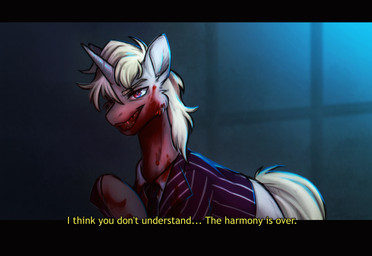 blood bodily_fluids clothing dialogue ellipsis fake_screencap fangs fur gore horn male necktie nightmare_fuel red_eyes shirt smile smirk solo suit_jacket teeth text topwear white_body white_fur lonerdemiurge hasbro my_little_pony mythology equid equine horse mammal mythological_creature mythological_equine pony unicorn vampire 2025 absurd_res digital_media_(artwork) english_text hi_res subtitled
