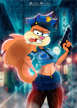 anthro big_breasts black_clothing black_eyes black_hat black_headwear black_legwear black_necktie blue_bottomwear blue_clothing blue_hat blue_headwear blue_shirt blue_skirt blue_topwear bottomwear breasts breath brown_body brown_fur brown_tail buckteeth city clothed clothed_anthro clothed_female clothing female female_anthro fluffy fluffy_tail fur gun handgun hat headgear headwear holding_gun holding_handgun holding_object holding_pistol holding_ranged_weapon holding_weapon legwear midriff multicolored_body multicolored_fur navel necktie neon_sign open_mouth outside pink_nose pink_tongue pistol police police_hat police_officer police_uniform raining ranged_weapon shirt short_sleeves sign skirt smoke solo tail tan_body tan_fur teeth text thick_thighs tongue topwear two_tone_body two_tone_fur two_tone_hat uniform water weapon wet wide_hips bolillo_werito nickelodeon spongebob_squarepants sandy_cheeks mammal rodent sciurid tree_squirrel 2025 absurd_res artist_name hi_res