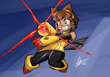anthro arm_cannon armor bangs black_bottomwear black_clothing black_nose black_pants bob_cut boots bottomwear brown_ears brown_eyebrows brown_hair brown_tail clothed clothed_anthro clothed_female clothing eyebrows eyewear eyewear_on_head female female_anthro footwear fur gauntlets gloves goggles goggles_on_head grin hair handwear laser multicolored_boots multicolored_clothing multicolored_footwear pants pointy_ears prick_ears red_boots red_clothing red_eyes red_footwear shoes smile solo tail tan_body tan_fur teeth two_tone_boots two_tone_clothing two_tone_footwear weapon_arm yellow_boots yellow_clothing yellow_eyewear yellow_footwear yellow_goggles tomaruchi gameoverse glitch_productions kit_bodega domestic_cat felid feline felis mammal 2026 absurd_res dated hi_res signature