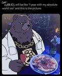 anthro belly brown_body brown_fur clothing facial_scar fur humor male missing_eye overweight photo_background scar solo text migeo mihoyo zenless_zone_zero ben_bigger bear mammal english_text hi_res meme photography_(artwork)