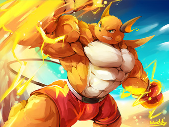abs anthro anthrofied biceps big_muscles bulge clothing fur male muscular muscular_anthro muscular_male pecs pokemorph simple_background waddledox nintendo pokemon generation_1_pokemon mammal pokemon_(species) raichu 2019 4:3 digital_media_(artwork)