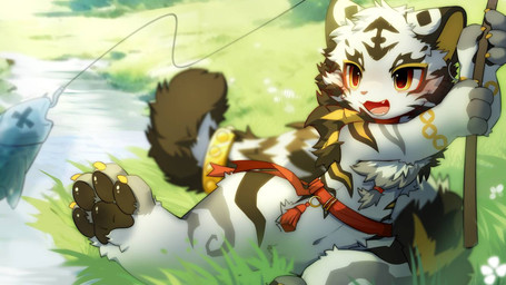 4_fingers 4_toes anthro biped black_markings blush blush_lines claws creek day detailed_background fangs feet fingers fish_hook fishing fishing_rod flower fluffy fluffy_tail fur grass grass_field hindpaw hook kemono light male markings multicolored_body multicolored_fur open_mouth open_smile outside pawpads paws plant river sitting smile solo sunlight tail teeth toe_claws toes water white_body white_fur yellow_eyes yellow_markings hlg7777 aquatic felid fish mammal pantherine tiger 2025 digital_drawing_(artwork) digital_media_(artwork) shaded wallpaper