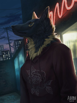 anthro black_body black_fur black_inner_ear black_inner_ear_fluff blue_sky brick_wall building city clothing cloud detailed_background fur hoodie inner_ear_fluff light looking_up male multicolored_body multicolored_fur neon neon_lights night outside sky solo topwear tuft two_tone_body two_tone_fur utility_pole wall_(structure) year yellow_body yellow_ears yellow_eyes yellow_fur aurru canid canine mammal 2021 3:4 dated digital_media_(artwork) digital_painting_(artwork) half-length_portrait hi_res painting_(artwork) portrait shaded signature