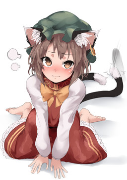 2_tails barefoot blush clothing dress feet female hair kneeling multi_tail ribbons simple_background solo tail white_background young nekoarashi asian_mythology east_asian_mythology japanese_mythology mythology touhou chen_(touhou) animal_humanoid cat_humanoid felid felid_humanoid feline feline_humanoid humanoid mammal mammal_humanoid nekomata yokai 2015