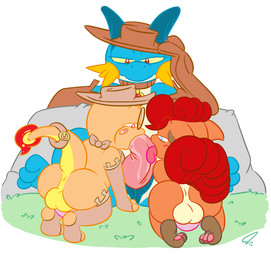 all_fours anthro anus backsack balls blush butt clothing collaborative collaborative_fellatio collaborative_oral collaborative_sex erection feet fellatio femboy fire flaming_tail fur genitals group hat headgear headwear hindpaw kneeling legwear licking male male/male multi_tail oral paws penile penis penis_lick sex simple_background stockings tail tongue tongue_out psyredtails nintendo pokemon canid canine charmander generation_1_pokemon generation_3_pokemon mammal pokemon_(species) scalie swampert vulpix