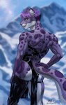 anthro athletic athletic_anthro athletic_male clothing latex latex_clothing looking_at_viewer looking_back male smile solo pize felid mammal pantherine snow_leopard hi_res