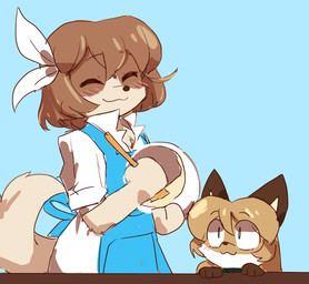 :3 accessory anthro apron being_watched biped blue_apron blue_background blue_clothing blue_topwear blush blush_lines bowl brown_body brown_ears brown_fur brown_hair clothing container cooking curious dough duo eye_contact eyebrow_through_hair eyebrows eyes_closed female female_anthro floppy_ears fur grabbing_table green_eyes hair hair_accessory hair_ribbon kitchen_spatula kitchen_utensils long_hair looking_at_another lop_ears multicolored_body multicolored_fur raised_eyebrows ribbons shirt short_hair simple_background small_nose spatula stirring tools topwear translucent translucent_hair two_tone_body two_tone_fur white_body white_clothing white_fur white_ribbon white_sclera white_shirt white_topwear yellow_body yellow_fur conditional_dnp fiddleafox averi_(fiddleafox) elka_(fiddleafox) bird_dog canid canine canis cavalier_king_charles_spaniel domestic_dog fox hunting_dog mammal red_fox spaniel toy_dog true_fox 2020 digital_drawing_(artwork) digital_media_(artwork) shaded