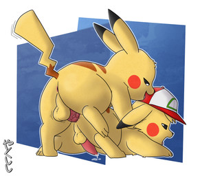 anal anal_fluids anal_penetration anus balls bodily_fluids clothing doggystyle duo feral from_behind_position genitals hat headgear headwear male male/male open_mouth penetration penis precum_while_penetrated sex tapering_penis tongue tongue_out conditional_dnp yakukitsu nintendo pokemon ash_ketchum ashchu generation_1_pokemon pikachu pokemon_(species) hi_res