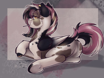 candy dessert feathered_wings feathers female feral fetlocks food fur hooves lollipop looking_at_viewer looking_back mottled mottled_body mottled_fur piercing raised_tail simple_background solo tail wings lil_randum hasbro my_little_pony mythology mocha_breeze equid equine horse mammal mythological_creature mythological_equine pegasus