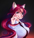 anthro blue_clothing blue_eyes clothing eyewear female fur glasses hair long_hair necktie office_lady pink_body pink_fur red_hair shirt simple_background smile smiling_at_viewer solo topwear allskyart canid canine fox mammal hi_res