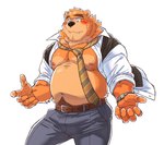 anthro belly blush bottomwear clothed clothing cute_fangs eyewear fangs glasses humanoid_hands kemono male moobs necktie nipples open_clothing open_shirt open_topwear overweight overweight_male pants shirt solo teeth topwear ryuta-h bear canid canine canis domestic_dog mammal 2022 hi_res