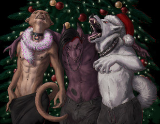 anthro black_bottomwear black_clothing black_collar black_hair black_nipples bodily_fluids bottomwear christmas_clothing christmas_headwear christmas_tree clothed clothing collar ear_piercing ear_ring fangs front_view fur green_eyes grey_bottomwear grey_clothing grey_pants group hair hat headgear headwear holidays looking_at_viewer male narrowed_eyes navel nipples open_mouth orange_eyes pants piercing plant purple_body ring_piercing saliva saliva_string santa_hat sharp_teeth standing tan_body tan_fur teeth topless tree trio unsigned white_body white_fur himeragoldtail christmas canid felid mammal species_request 2017 hi_res
