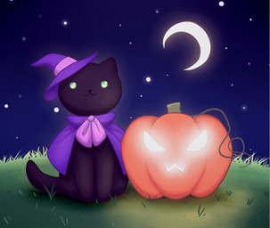 ambiguous_gender black_body black_nose capelet clothed clothed_feral clothing crescent_moon detailed_background feral grass green_eyes hat headgear headwear jack-o'-lantern moon night outside plant purple_capelet purple_clothing sitting sky solo star tail witch_hat hoshinousagi neko_atsume hermeowne_(neko_atsume) domestic_cat felid feline felis mammal 2017 digital_drawing_(artwork) digital_media_(artwork) shaded soft_shading